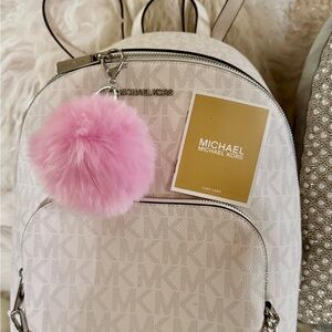 New Michael Kors XL cream Backpack with Pink Pom Pom